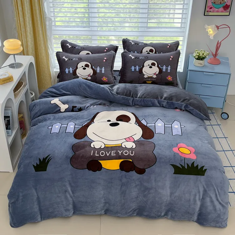 冬季双面卡通狗牛奶绒加厚被罩被单珊瑚绒床单被套儿童学生床笠款