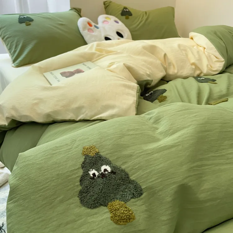 高级感毛巾绣床上四件套发财树刺绣被罩学生宿舍床单三件套非纯棉