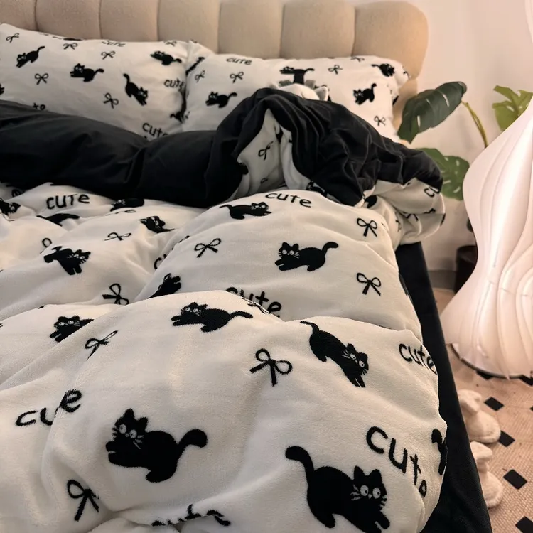 ins可爱卡通牛奶绒玩趣猫被罩冬季双面绒加厚水晶绒床单被套宿舍