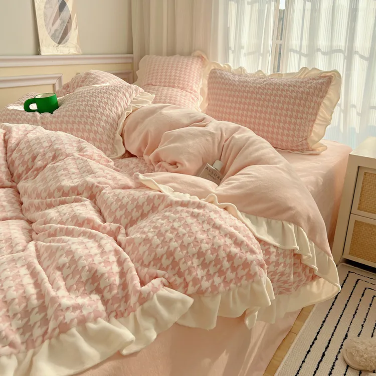 冬季粉玉色牛奶绒加厚珊瑚绒被套四件套水晶绒灰色床单宿舍三件套