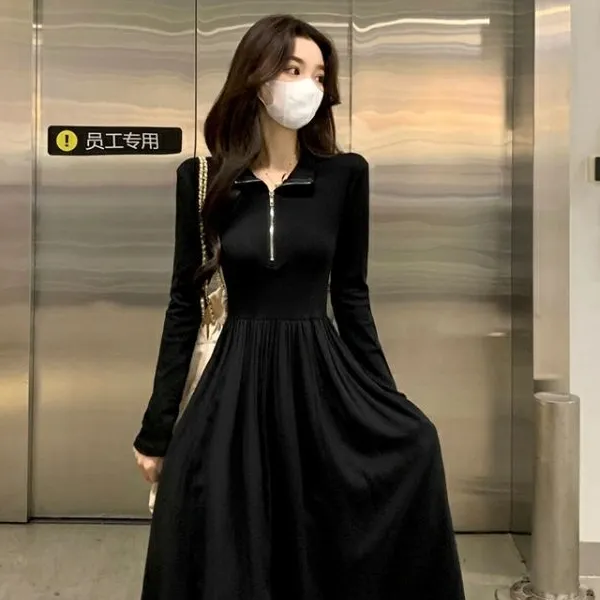 赫本风连衣裙长袖小黑裙法式修身时尚长款收腰春秋999