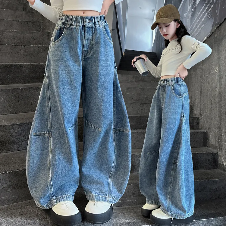 女童牛仔裤2024秋季新款月牙设计阔腿裤百搭潮酷春秋中大童休闲裤