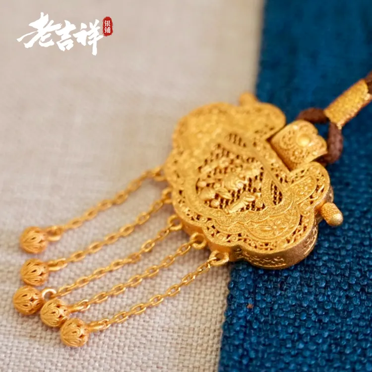 吊坠足银 S999足银新款天子门生龙凤吊坠古法花丝流苏锁包长命锁