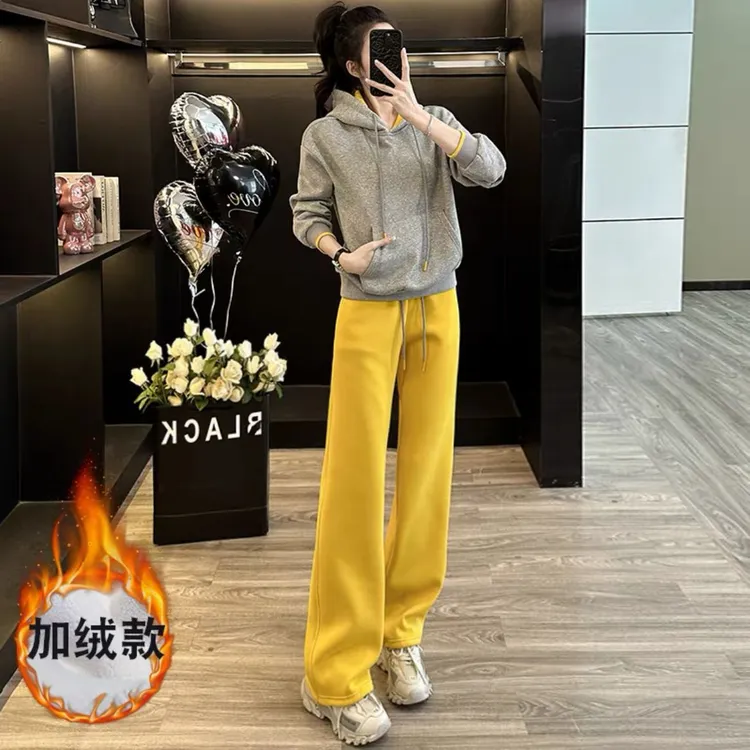 冬季2024新款时尚减龄休闲运动女士洋气灰色加绒卫衣阔腿两件套装