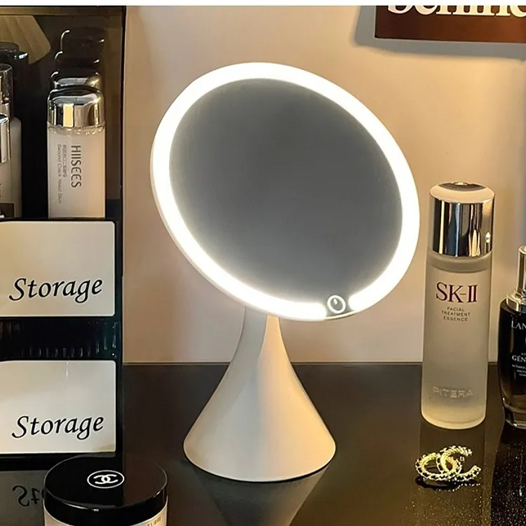 轻奢ins风镜子台式化妆镜带三色灯旋转美妆镜女生宿舍桌面梳妆镜