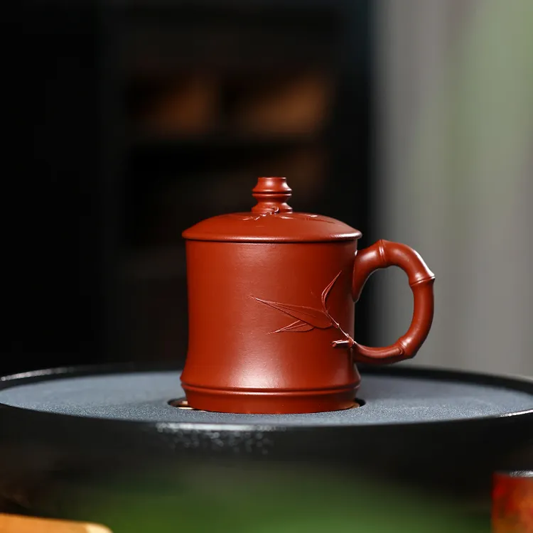 盖杯茶杯紫砂杯茶具大号紫砂盖杯贴绘竹叶竹节杯原矿大红袍手工