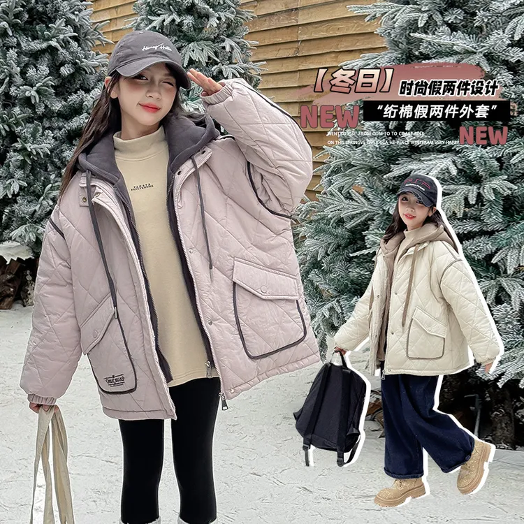 女童棉服外套2024新款加厚冬季儿童棉衣洋气假两件棉袄休闲宽松潮