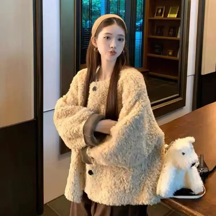 P008#皮毛一体宽松慵懒毛毛外套女冬保暖休闲上衣外套