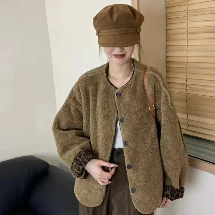 PP002#撞色皮毛一体外套女秋冬款Y羔毛圆领单排扣开衫棉衣上衣潮a