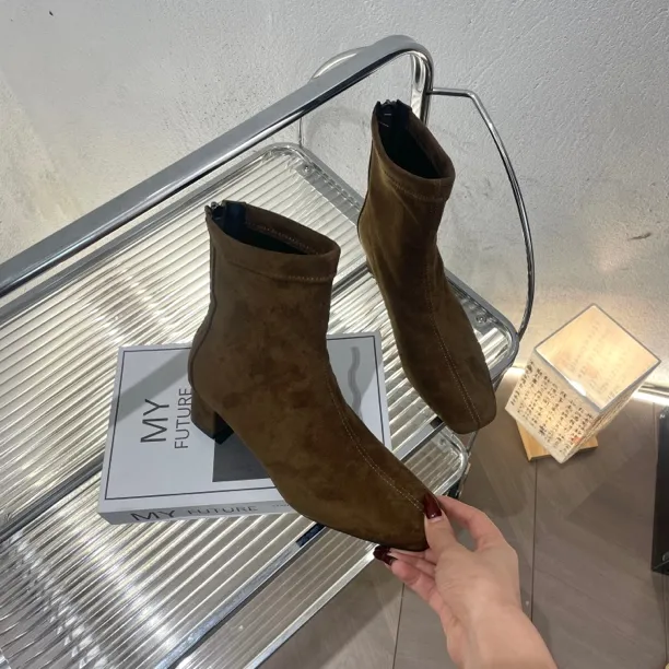 【M宝】9785时尚方头粗跟短靴女秋冬加绒瘦瘦靴英伦风