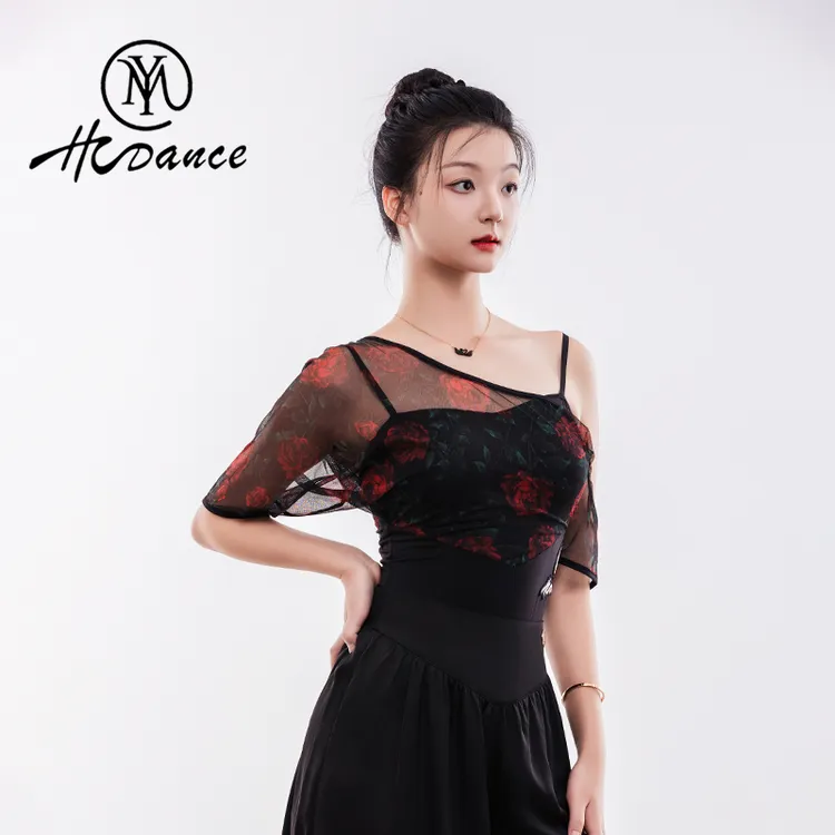 HCdance&MYY联名系列 女成人玫瑰印花网纱摩登舞连体衣 HY1016
