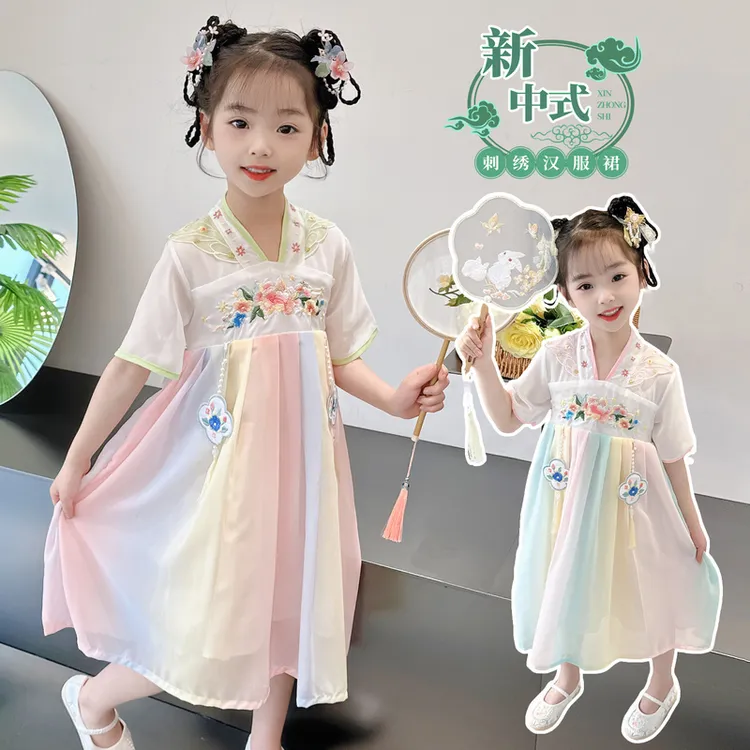 女童中国风雪纺汉服连衣裙公主女宝宝唐装改良襦裙子表演服夏装