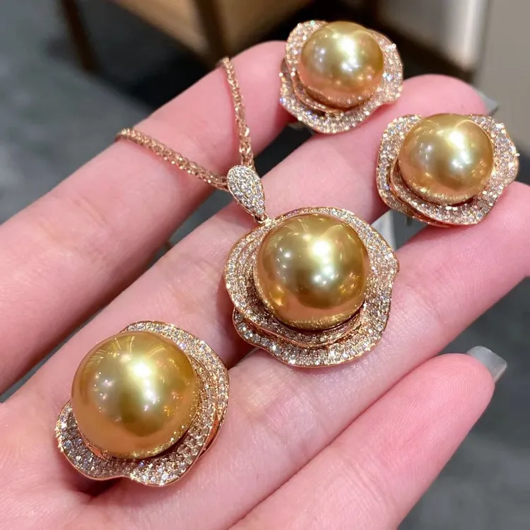 链子925银 气质豪华茶金色正圆强光镶嵌项链玫瑰花套装时尚百搭款