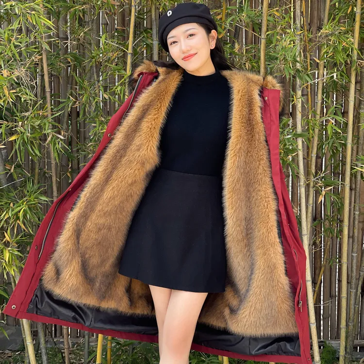 新款红色外套派克服女冬季加绒加厚皮毛一体可拆卸内胆长款大毛领