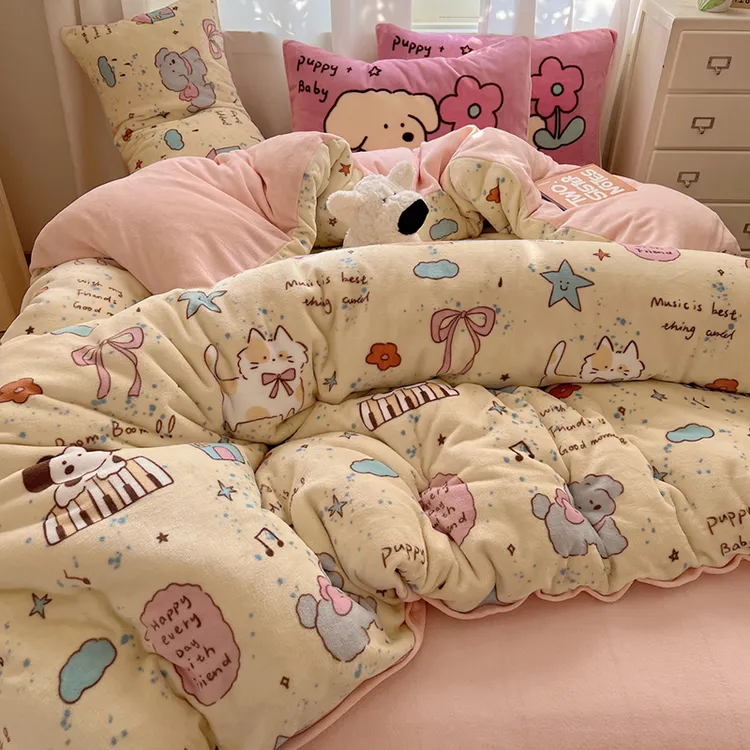 可爱猫狗卡通ins冬季加厚加厚床上四件套少女床品床单三件套学生
