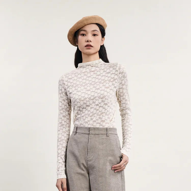 谜底修身T恤长袖女2024春新款时尚气质提花透视叠穿上衣241MT0052