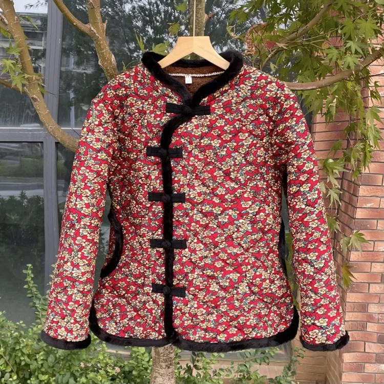 秋冬季碎花棉衣新款洋气时尚中老年盘扣加绒外套加厚保暖棉袄棉服