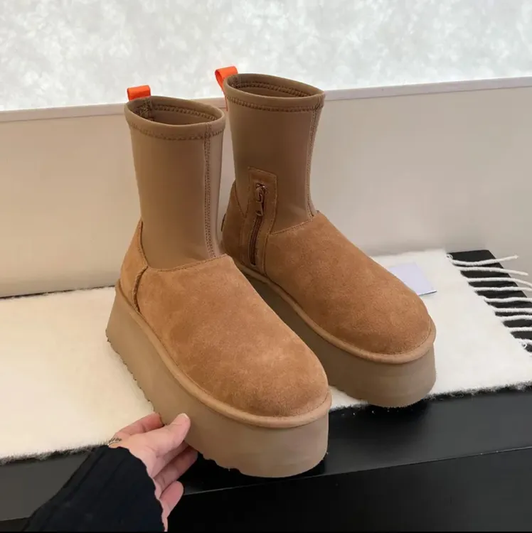 【厚底铅笔靴】杨幂同款真皮高筒雪地靴女2024冬季新款防滑加绒绵靴