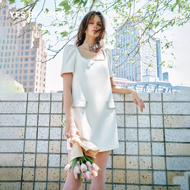 YES BY YESIR叶谦原创设计师春夏新款高级气质白奶酪酱连衣裙