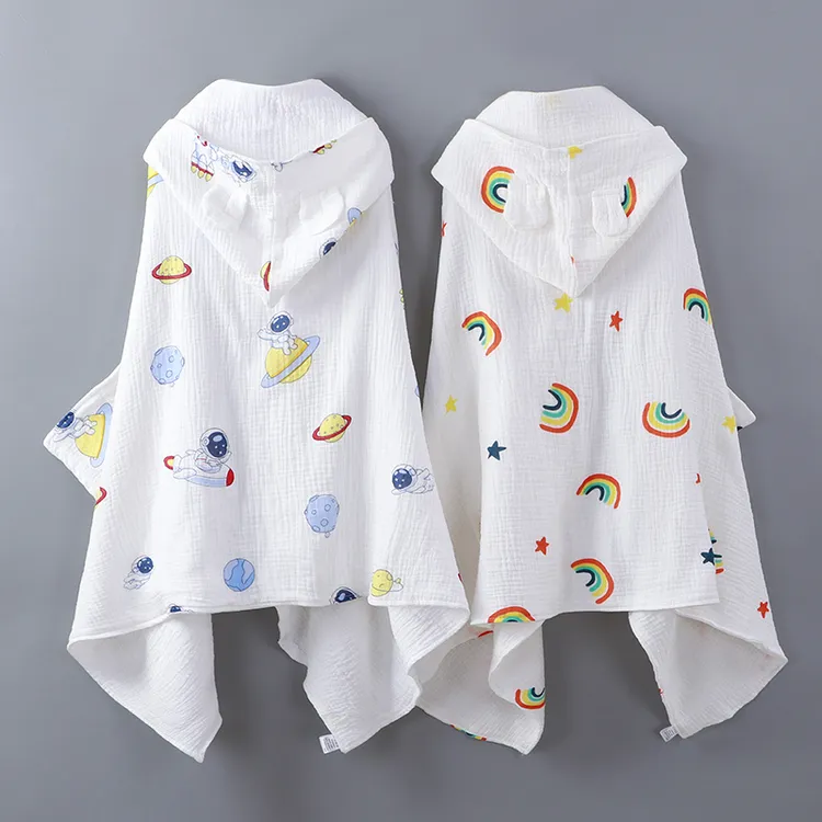 婴儿纱布浴巾新生超软全棉洗澡浴袍宝宝连帽斗篷包毯新生儿男女孩