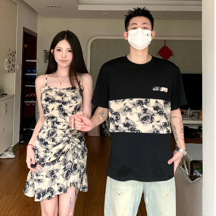 情侣装夏季新款甜辣纯欲连衣裙小众设计显瘦收腰吊带裙男短袖T恤
