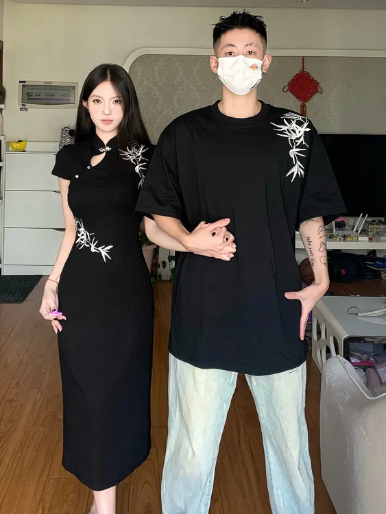 情侣装夏季中国风旗袍黑色改良收腰显瘦国潮刺绣女裙男短袖潮