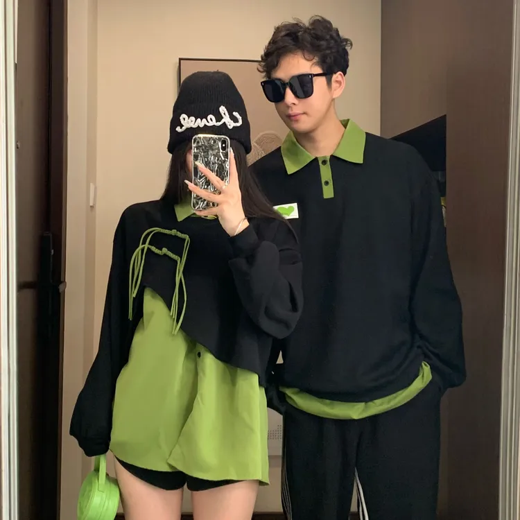 情侣装春秋季小众设计感假两件长袖拼接小清新宽松卫衣显瘦潮