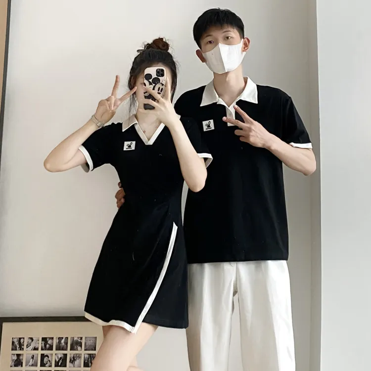 情侣装夏装新款黑白简约设计感韩版男POLO领遮肚子显瘦女连衣裙