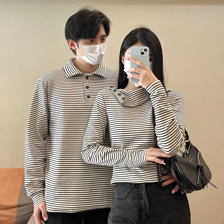 情侣装春秋季韩系通勤田园风长袖条纹T恤内搭上衣潮