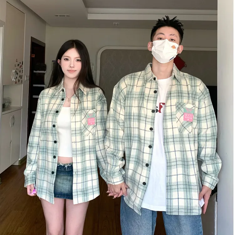 港风情侣装秋季薄荷绿韩版休闲百搭宽松磨毛格子衬衫外套上衣潮