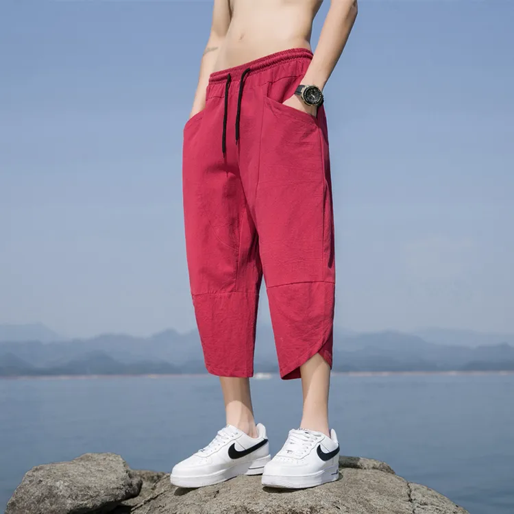 棉麻七分裤男款夏季薄款宽松中国风亚麻男士休闲沙滩短裤大码裤子