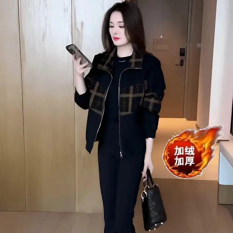 时尚格子拼接短外套女装2025加绒加厚宽松显瘦小个子洋气上衣