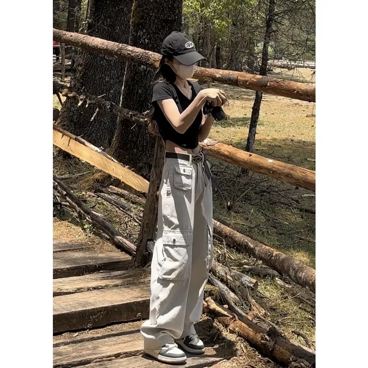 沙白色高腰工装裤女新款设计感多口袋宽松显瘦直筒美式高街阔腿裤