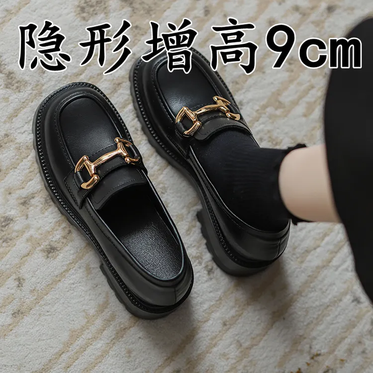 高跟小皮鞋女小个子一脚蹬小码33JK单鞋厚底内增高乐福鞋子英伦风