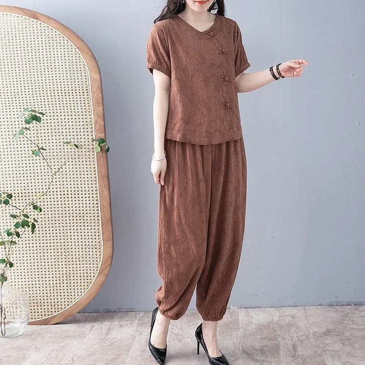 夏季复古时尚棉麻提花套装女宽松显瘦休闲短袖上衣灯笼裤两件套