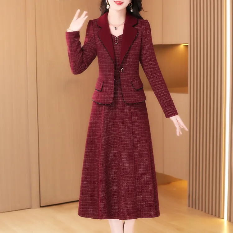 红色喜婆婆婚宴装洋装春秋新款女格纹妈妈结婚礼服两件套连衣裙