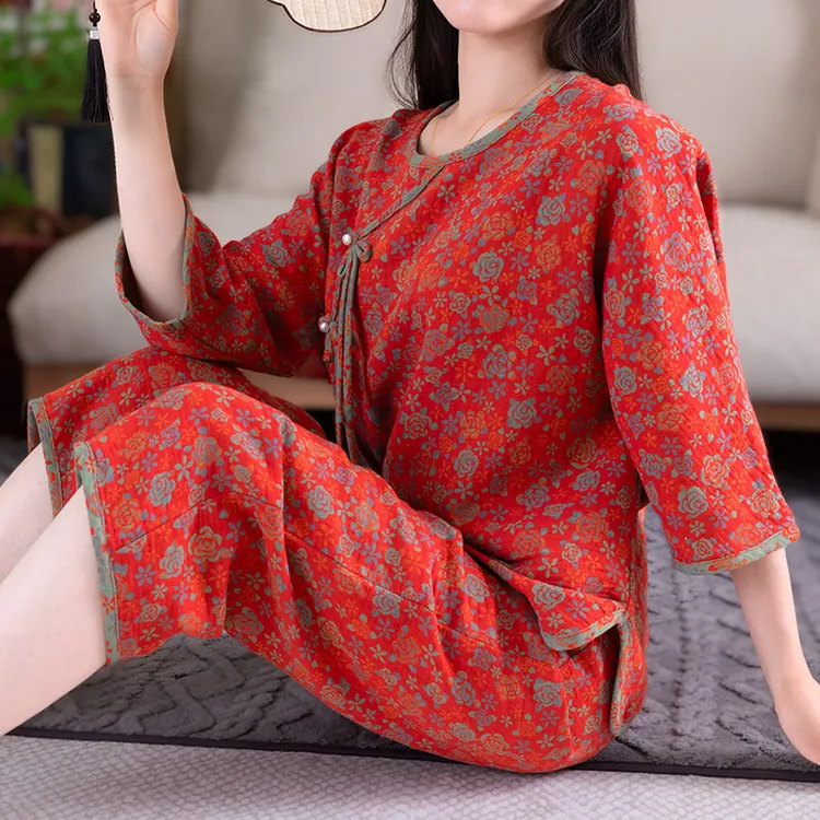 新中式透气七分袖宽松纯棉睡衣 夏季宽松薄款家居服女可外穿套装