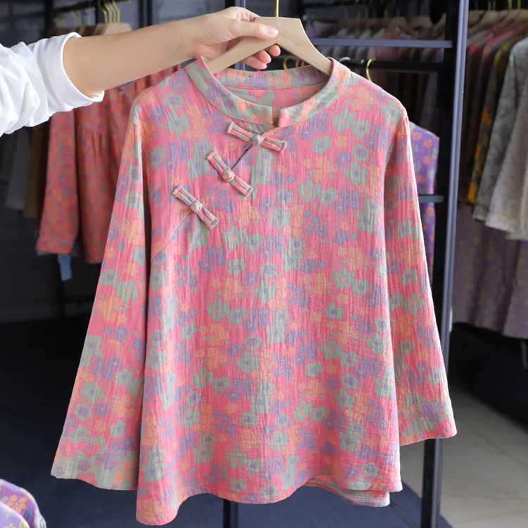 新中式国风盘扣女睡衣 纯棉色织双层棉纱 春秋四季家居服宽松上装