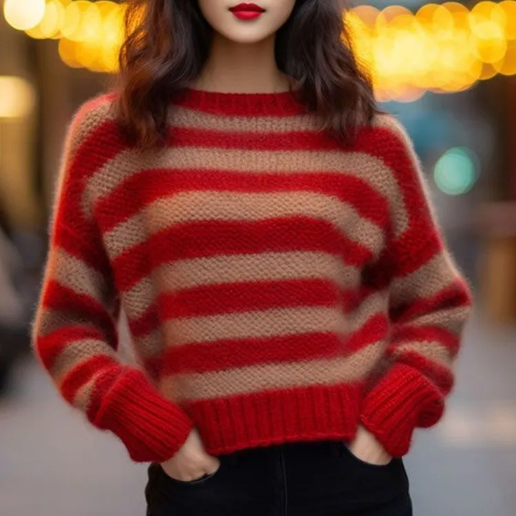 2025秋冬秋季红色条纹毛衣宽松条纹长袖新款慵懒针织衫短款毛衣女