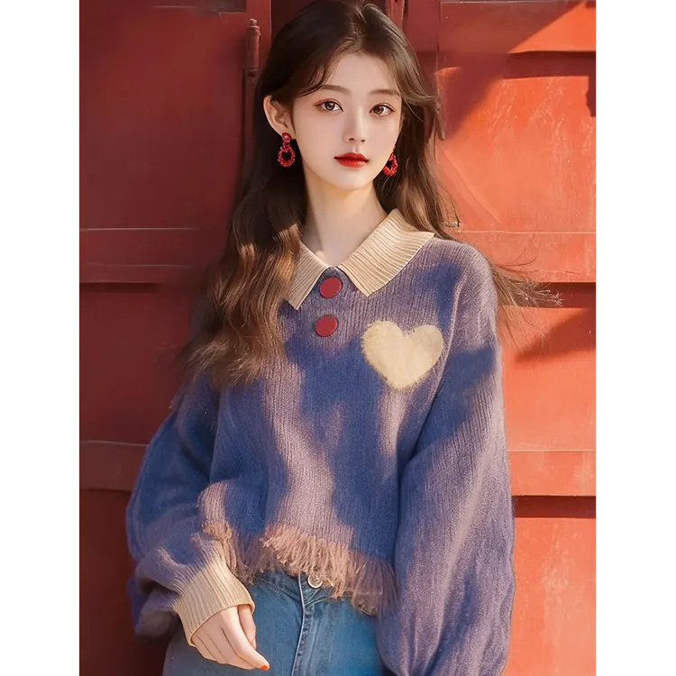 2025早秋新款设计感毛衣女宽松慵懒高级软糯减龄紫色流苏针织上衣