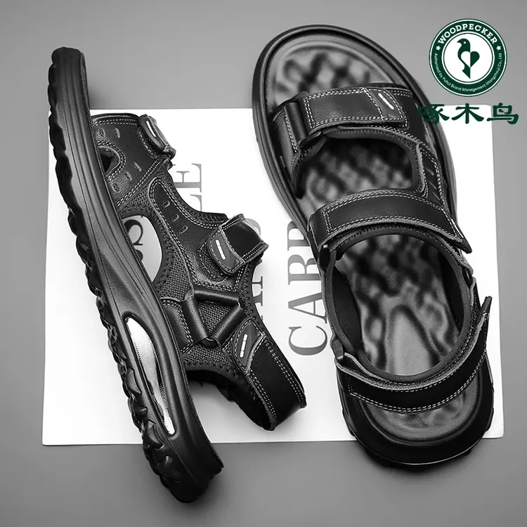 啄木鸟男鞋夏季新款头层牛皮男士休闲凉鞋软底时尚透气真皮沙滩鞋