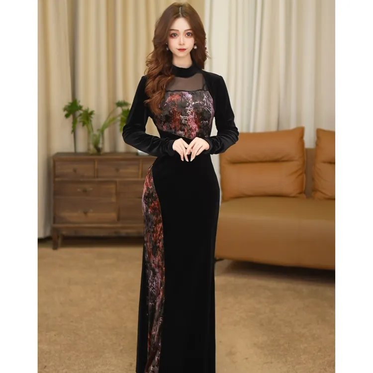 【考拉】秋冬新款长袖名媛黑色气质修身收腰显瘦鱼尾连衣裙-SW0160