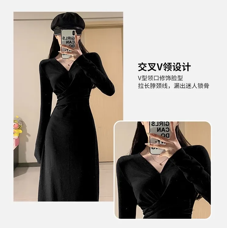 黑色打底v领加绒连衣裙2024长款女秋冬内搭小个子显瘦风情包臀裙