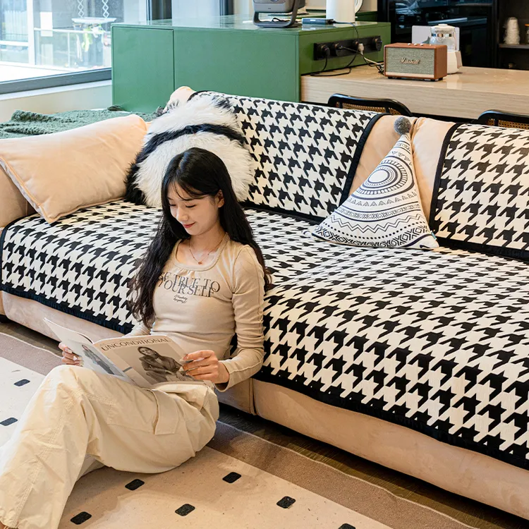 也米千鸟格雪尼尔沙发垫皮沙发套四季通用防滑防猫沙发套简约盖布