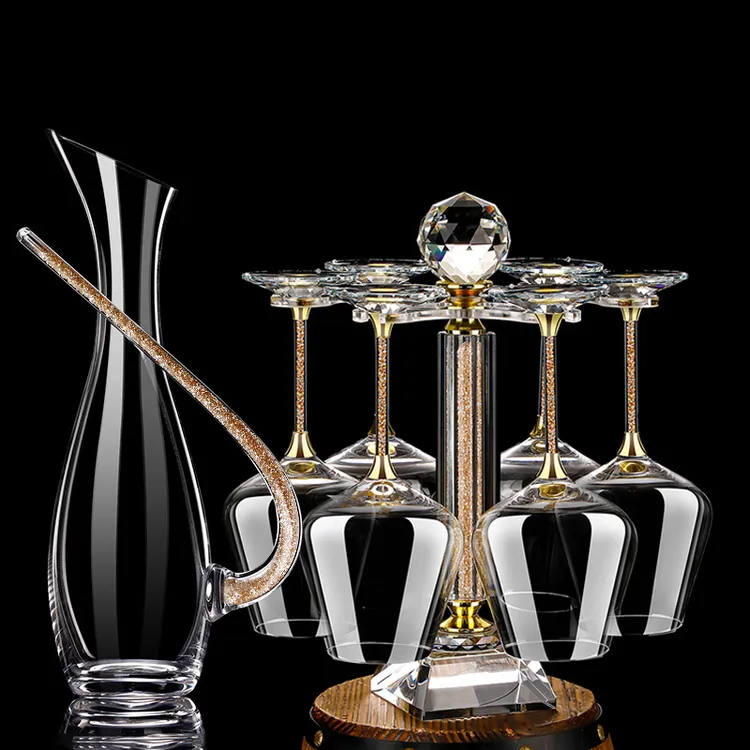 高档24K金钻红酒杯套装家用水晶镶钻高脚杯创意旋转杯架葡萄酒杯