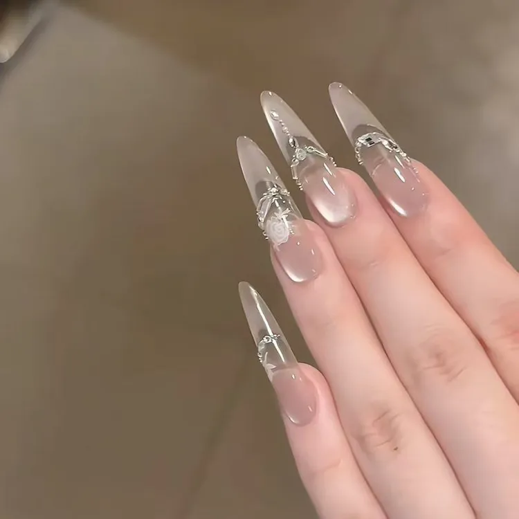 穿戴甲冰透细长款美甲高级手工专用玻璃珠猫眼美甲穿戴甲片流行