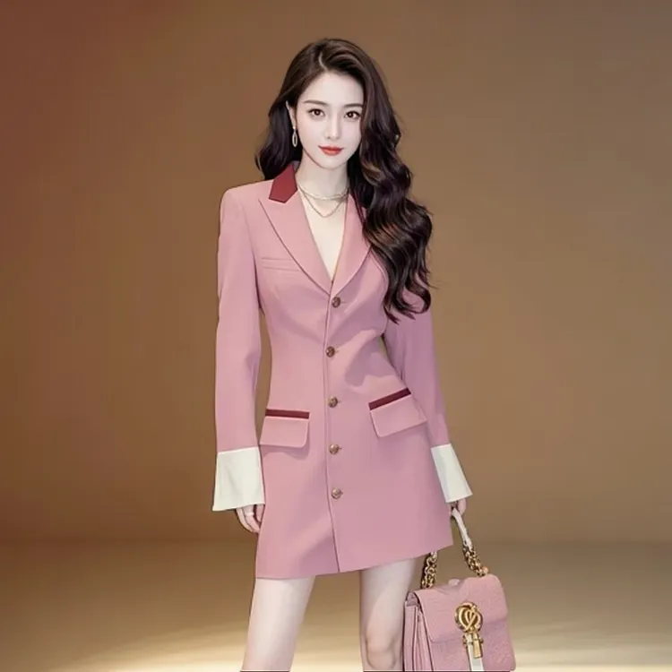 2024法式气质西装连衣裙女装秋冬新款时尚御姐正式场合粉色裙子