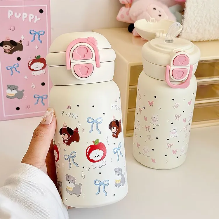 双饮吸管水杯女生高颜值316不锈钢弹跳保温杯大容量网红可爱杯子