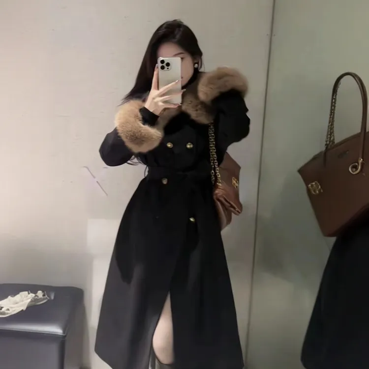 【白鸭绒内胆】秋冬必备贵妇加厚赫本风可拆卸毛毛大衣外套羽绒服