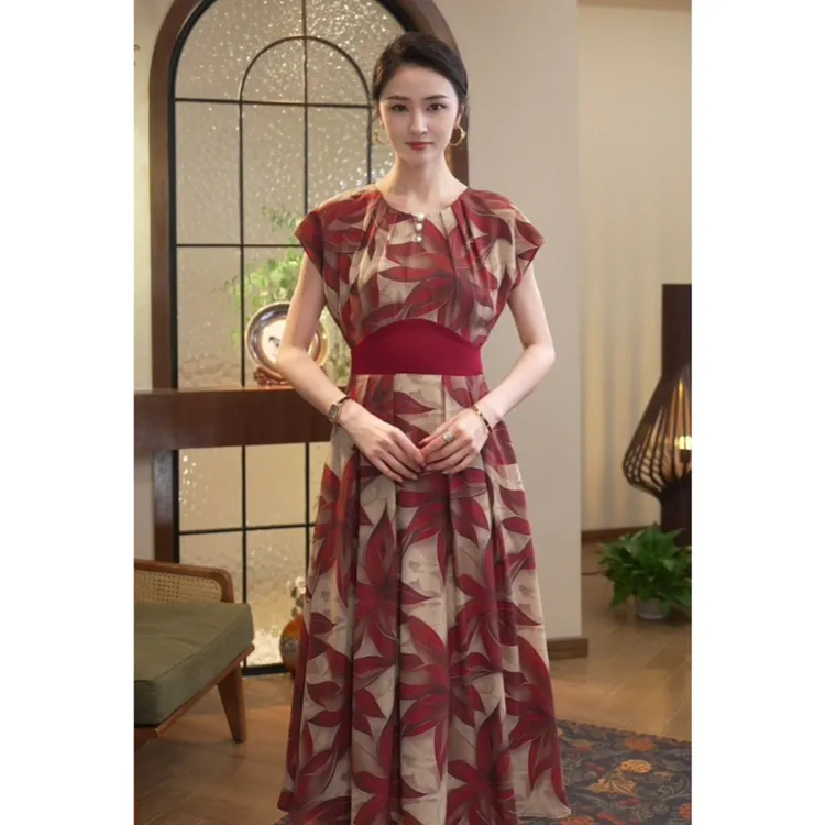 唐熹预售2025夏季新款【X24-X168】法式气质设计感红色印花连衣裙女